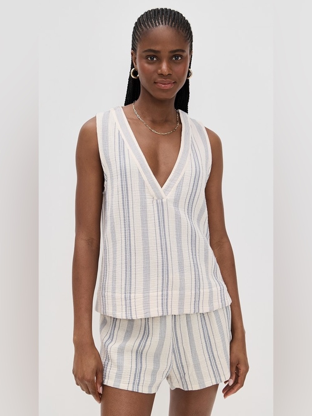 Faherty Dune Cotton Gauze Popover Top in Aqua Sea Striped Size Medium